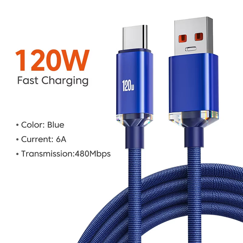 120W 6A Fast Charge USB Type C Quick Charge Cable for Xiaomi Redmi Note 13 14 Pro Huawei Phone Fast Charging Cable Data Cables
