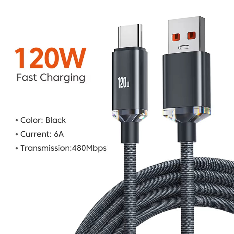 120W 6A Fast Charge USB Type C Quick Charge Cable for Xiaomi Redmi Note 13 14 Pro Huawei Phone Fast Charging Cable Data Cables